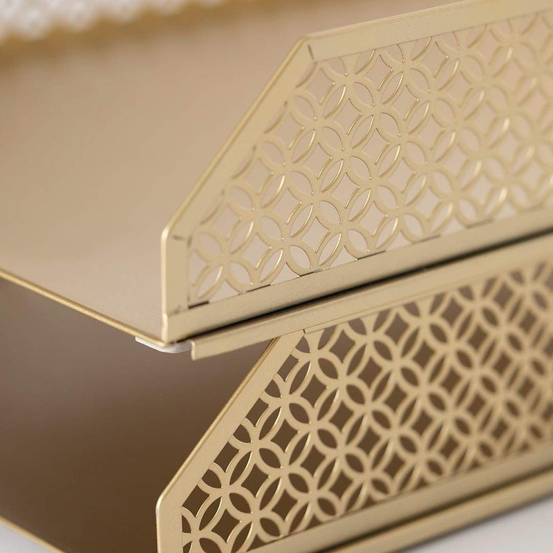 BLU MONACO | Paper Tray Stackable Gold Set of 2 | Stackable File Trays for Desk Organization | Tiered Desk Organizer with Metal Letter Trays - Image 5